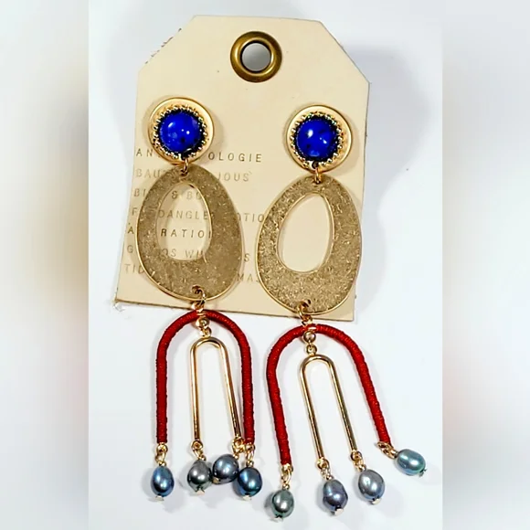 🌈 MWT-Anthropologie-Semi precious-Large Bronze-Blue Pearl Dangle Earrings - Picture 1 of 4